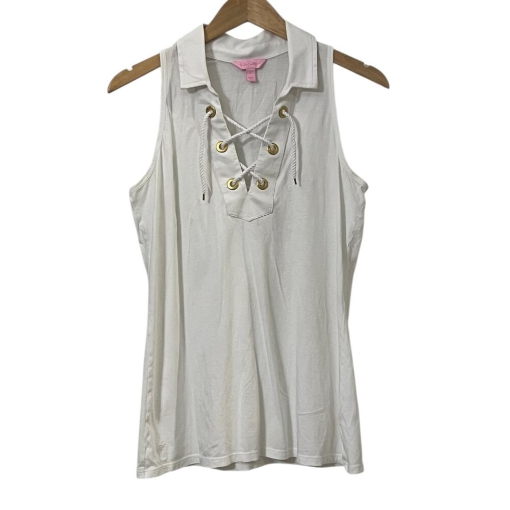 Lilly Pulitzer Women L White Pima Cotton Sleeveless Lace Up Top Gold Grommet